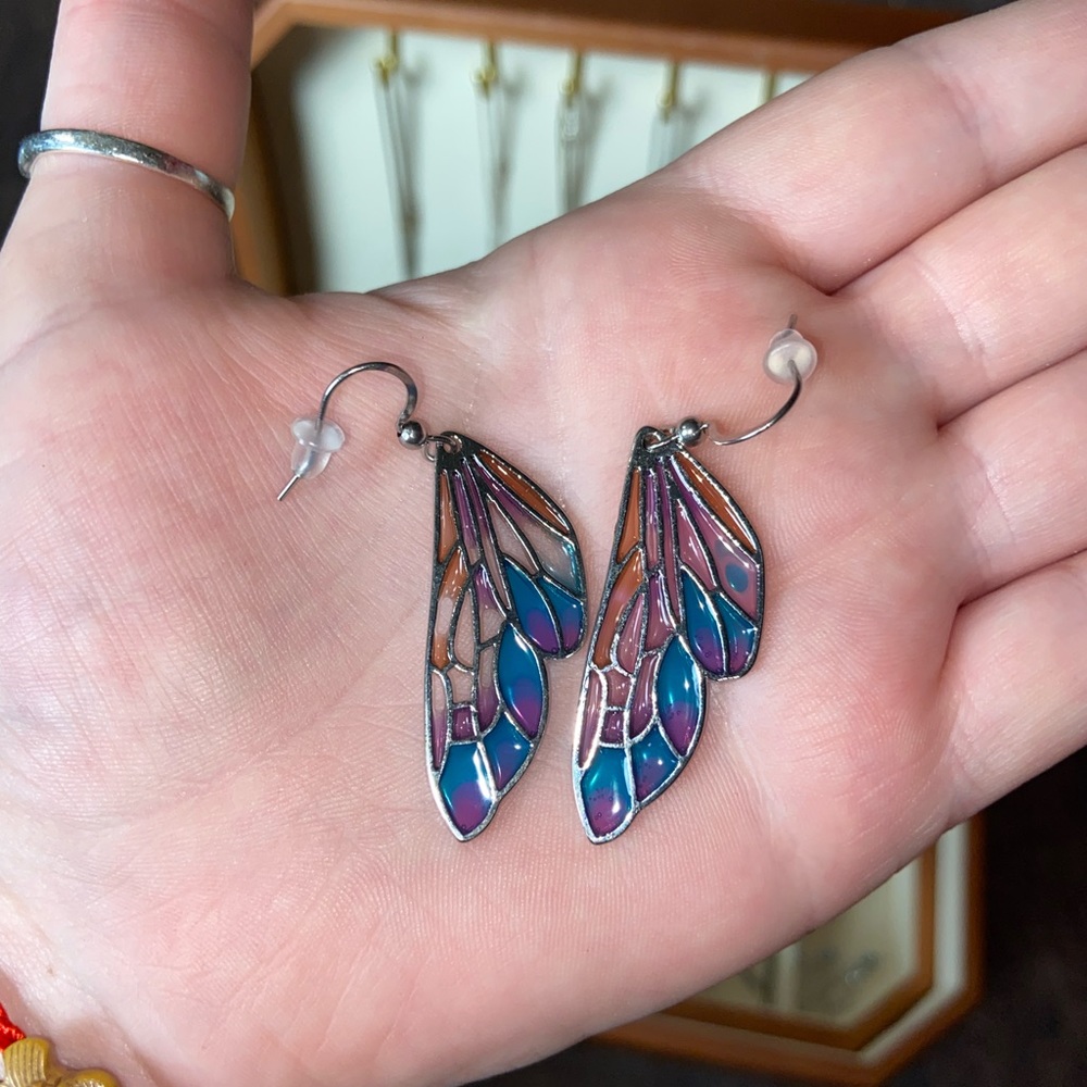 Silver, Blue and Purple Resin Butterfly Earrings